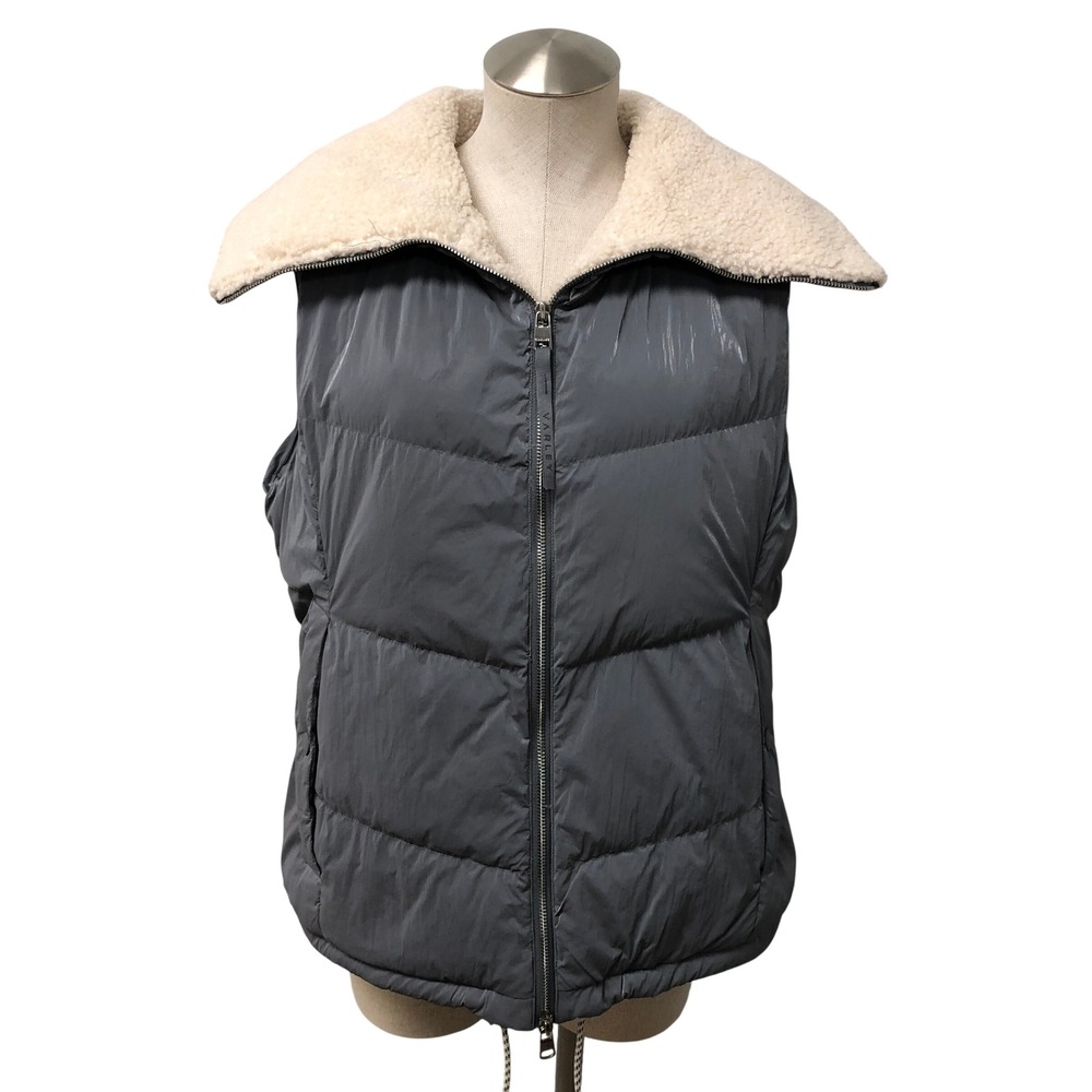 Varley Brock Puffer Gilet Womens Medium Grey Liquid Nylon Sherpa Collar Vest
